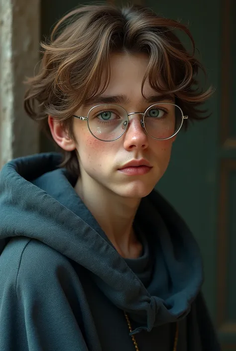 (photorealism:1.2), young man with disheveled tousled short light brown hair and silver thin round glasses in a long wizard cloak no facial hair with few brown freckles