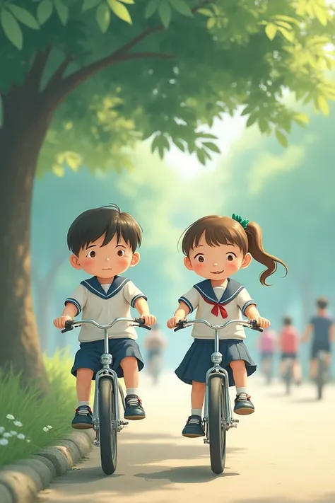 Under the tree,school uniform,Cute boy,Cute girl,Riding a bicycle,５There are people,Pastel Photos