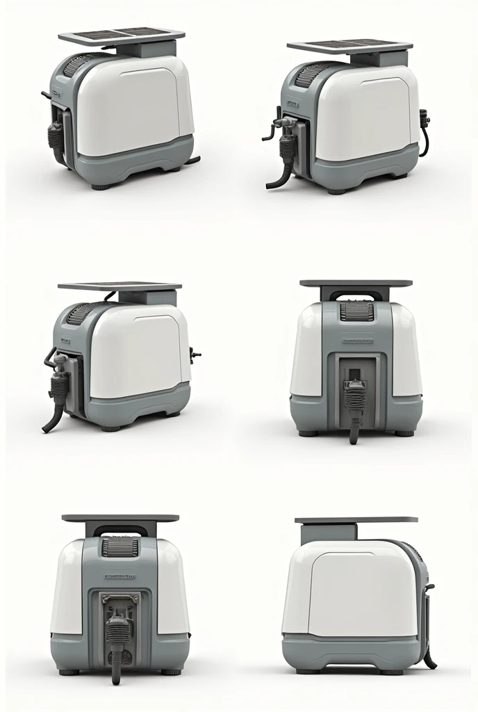 illustration of solar-powered pesticide sprayers with front view, top view, left side view, right side view, back view, upper left view