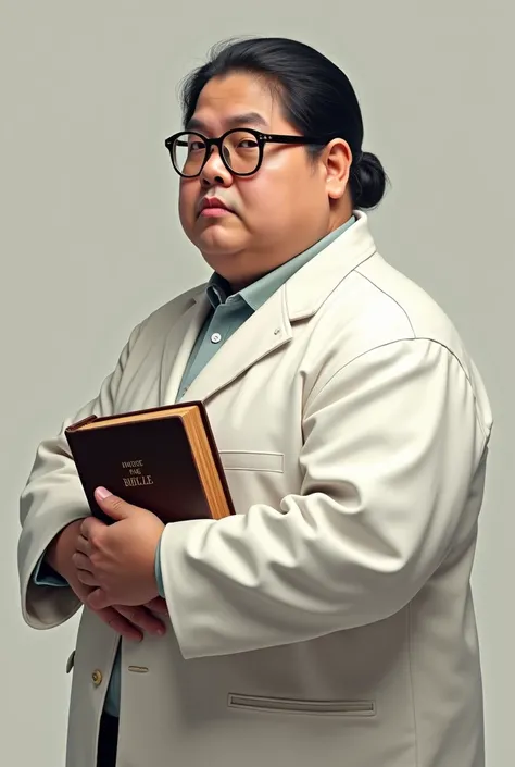 Make a portrait of a fat , with white school uniform,  parted hair and square glasses holding a bible