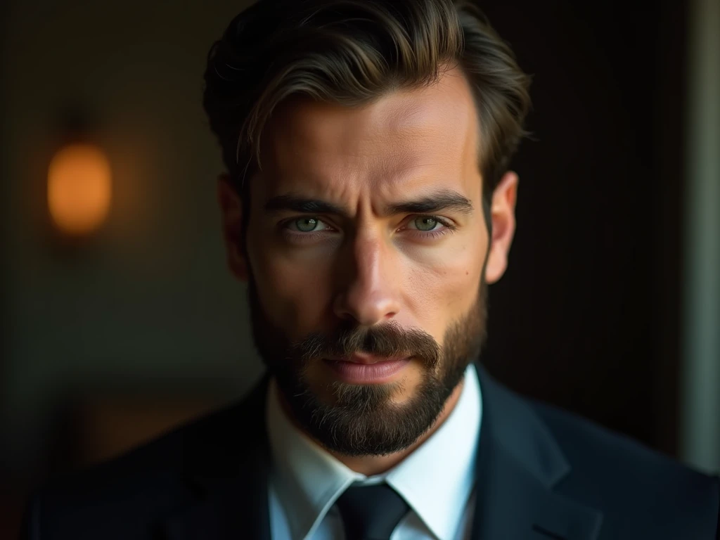 a handsome man in a suit, beautiful beard, executive sexy man, suit, front camera focus, portrait mode, perfectly straight in front of the camera, (best quality,4k,8k,highres,masterpiece:1.2),ultra-detailed,(realistic,photorealistic,photo-realistic:1.37),h...