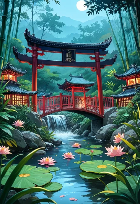 (beautiful ancient chinese architecture, moonlight twinkling, lakes at night, shaded by bamboo forests, stone bridge arches, gur...