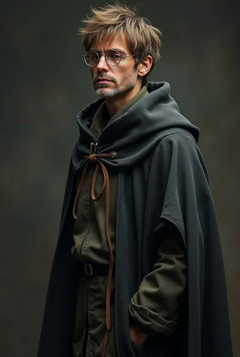 (photorealism:1.2),  man with disheveled tousled short light brown hair and silver thin round glasses in a long wizard cloak with few brown freckles full body