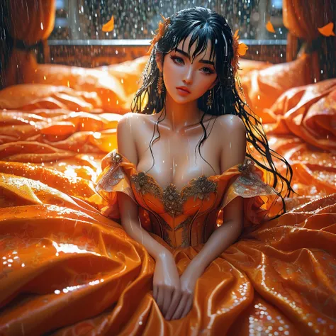 rait of a beautiful anime girl in an elaborate elaborate dress on a bed of orange sheets in the rain, detailed face, matte painting, cinematic