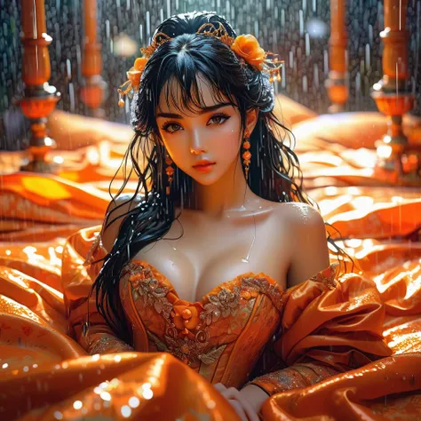 rait of a beautiful anime girl in an elaborate elaborate dress on a bed of orange sheets in the rain, detailed face, matte painting, cinematic