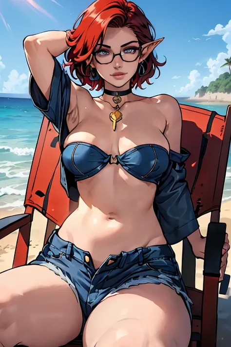 1girl, beautiful elf woman, ((Short Red Hair, Straight, has shine)) Blue eyes, double eyelids, light effect on eyes, detailed irises, beautiful curvy body, glasses, ((Blue Denim off the shoulder Sleeveless Strapless tight tee shirt covering chest, stomach ...