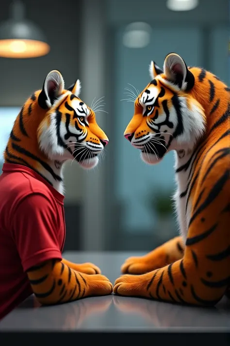 A young humanoid tiger wearing a red shirt The interviewer, a wise and experienced humanoid tiger, asked Rohan how he would lead the marketing team."