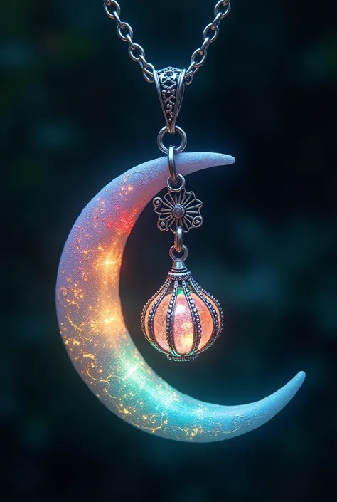 This is an enchanting crescent moon necklace, featuring a glowing, luminescent design. The crescent moon pendant is large and dominates the design, curving gracefully with a delicate filigree pattern that adds intricate detail to its surface. The crescent ...