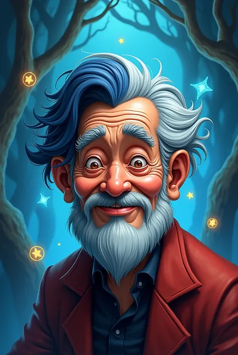 In a gravity falls style an Asian old man with black and blue hair looking at the camera 