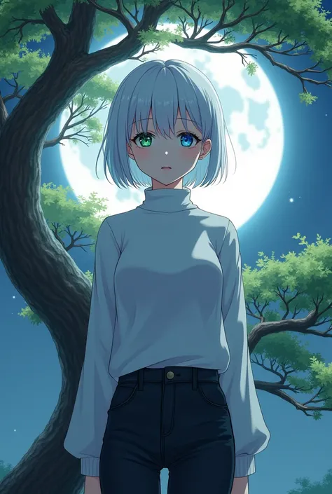 anime style, young adult woman, with blue right eye and green left eye, short white hair. 
Bella.
He is wearing jeans(black), turtleneck blouse (white).
In a Japanese garden.
Behind a bonsai tree.
with the moon in the background.