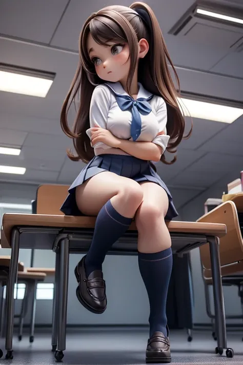 Smooth and straight hair、Brown Hair、School classroom、face forward.back view,double facepalm、Big Breasts,JK、Sunburned skin、uniform、Navy Blue、Navy Blueプリーツスカート、The skirt is made of fabric、Bold Pose、Bold leg spread、Bright natural light、Thong、Black Panties、loo...