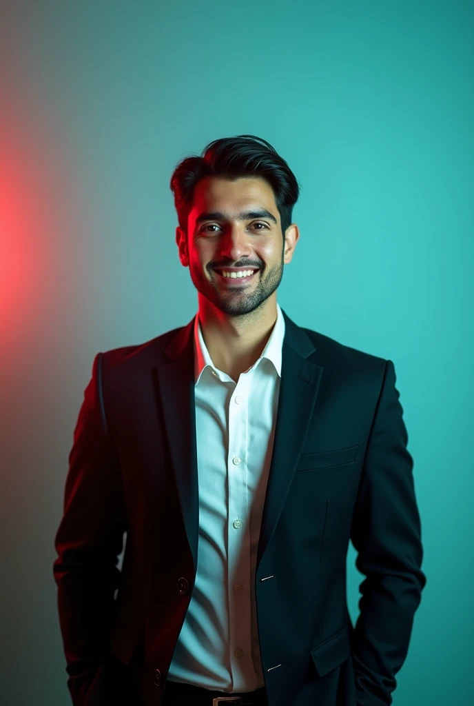 A young man with dark hair and a confident smile. He is dressed in a black blazer over a white shirt.The man is positioned Against Aqua colour backdrop with a subtle red lighting on the left side. And he posting for LinkedIn profile