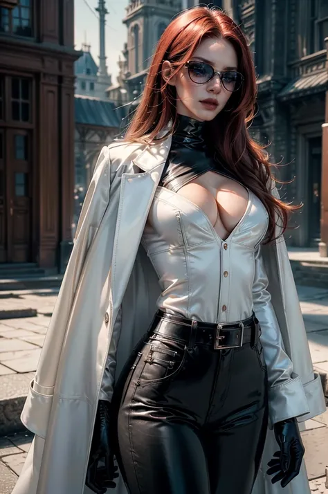 [cowboy shot], a beautiful young woman with long red hair, slim body, thin waist, narrow hips, detailed facial features, ((wearing high quality high waist black leather pants)), ((a formal white colored silk shirt with cleavage and long sleeves)), ((a whit...