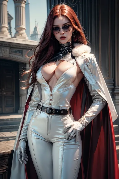 [cowboy shot], a beautiful young woman with long red hair, slim body, thin waist, narrow hips, detailed facial features, ((wearing high quality high waist black leather pants)), ((a formal white colored silk shirt with cleavage and long sleeves)), ((a whit...