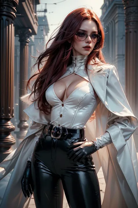 [cowboy shot], a beautiful young woman with long red hair, slim body, thin waist, narrow hips, detailed facial features, ((wearing high quality high waist black leather pants)), ((a formal white colored silk shirt with cleavage and long sleeves)), ((a whit...