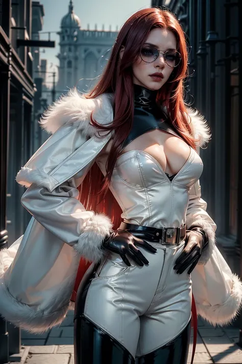 [cowboy shot], a beautiful young woman with long red hair, slim body, thin waist, narrow hips, detailed facial features, ((wearing high quality high waist black leather pants)), ((a formal white colored silk shirt with cleavage and long sleeves)), ((a whit...