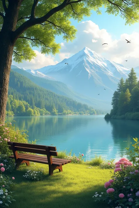 a peaceful garden, lush green foliage, serene lake, reflection in the water, towering mountains in the background, warm sunlight, birds flying overhead, a bench under a large tree, delicate flowers blooming, calming atmosphere, (best quality,4k,8k,highres,...