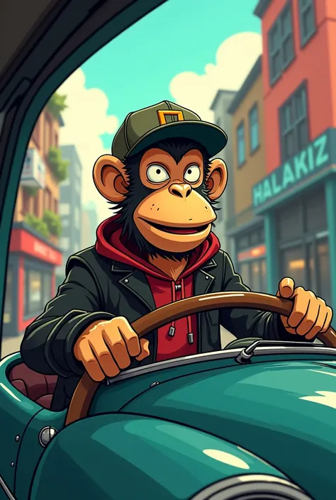 Animated monkey in a car with a cap backwards in a cartoon style like gorillaz in 2d and more adult