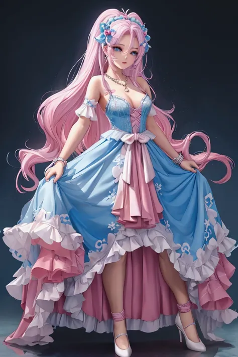 Character : phụ nữ . colored hair : long platinum and maybe a little wavy . Eye : blue . Body : ngực to tròn , small waist , mong bự . Trang phục : wearing a pink fluffy princess dress that slightly exposed her breasts , wear long white socks , with white ...