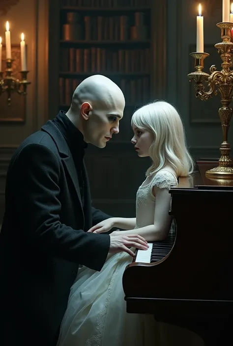 Vampire man, 30 years, teaching albino girl play piano