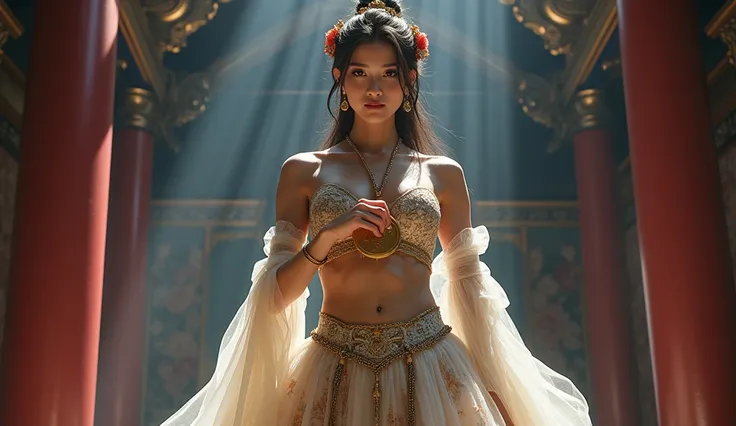 Cinderella and the gold medal , Luxurious clothing decorated with intricate embroidery, Tullai, A long transparent ribbon is tied around the arm., Inspired by the mural painting of the fairy Bin Tung Huang, Show your navel, bare shoulders, bare neck, High ...