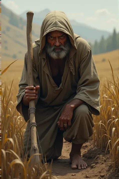 Poor farmer crying and working in field
