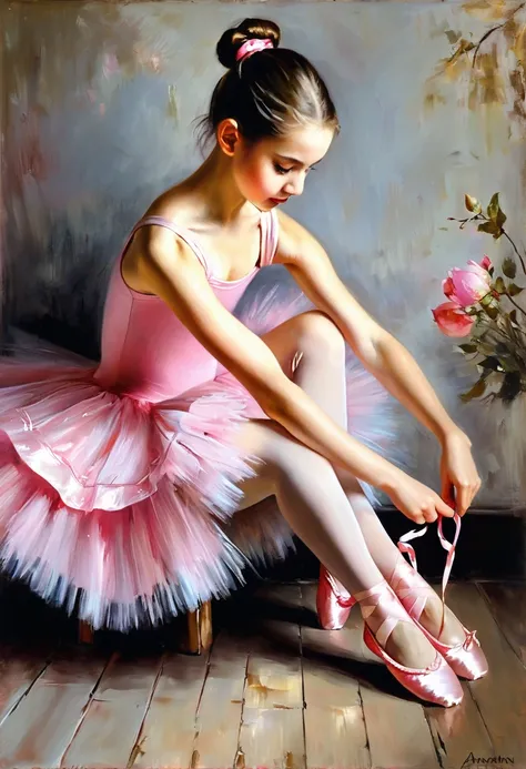 painting of a girl ballerina in a pink tutu tying her shoelaces, ballerina, ma lin, portrait of a ballerina, [ oil painting ]!!!...