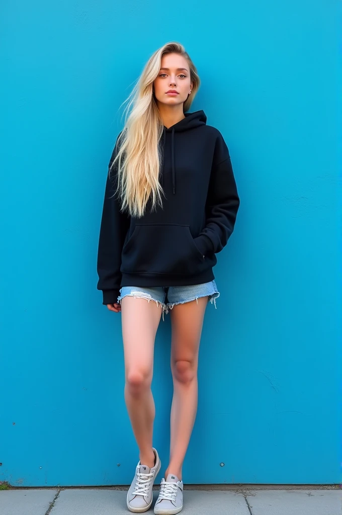 A woman in 20, long blonde hair, standing next to blue wall, wearing a black hoodie, a short jeans and shoe, full body.