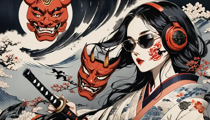 Ink Painting, (((1 girl))), (((Tattoo on face))), (((sunglasses))),(((oni mask))),(((Japanese sword))), Japanese style headphones, beautiful girl, Black Hair, Delicate and precise, Modern ukiyo-e style, background color Darkness