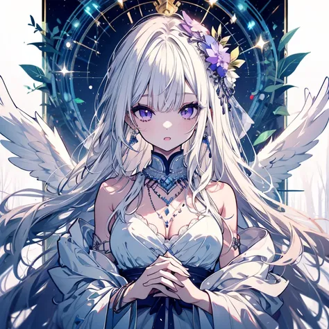 1 person、Mature、Ample breasts、Long Hair、White Hair、Straight hair、Trimmed bangs、White skin、Purple Eyes、Long eyelashes、White Dress、necklace、bracelet、Jewelry decoration、Ballerina Decoration、in the forest、Night Forest、mysterious、Earrings、Angel Wings、Fleeting、T...