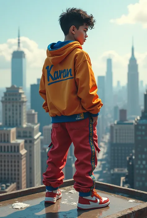 A 15 year boy wearing Hip Hop Bundle, at the back of the shirt it should be written Karan and standing on a top of building 