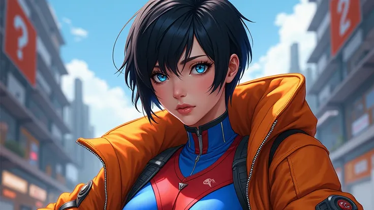 1girl wearing bodysuit, Wattson (Apex Legends), Wattson, (Highest quality, masterpiece, Dynamic Angle, Most detailed),upper_body, tight, Black Hair,short hair,blue eyes,Detailed eyes,expressive Detailed eyes,With eyes wide open,Detailed pupil,orange Jacket...