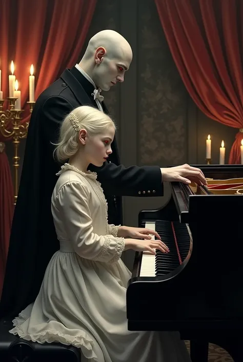 Vampire teaching albino girl to play piano