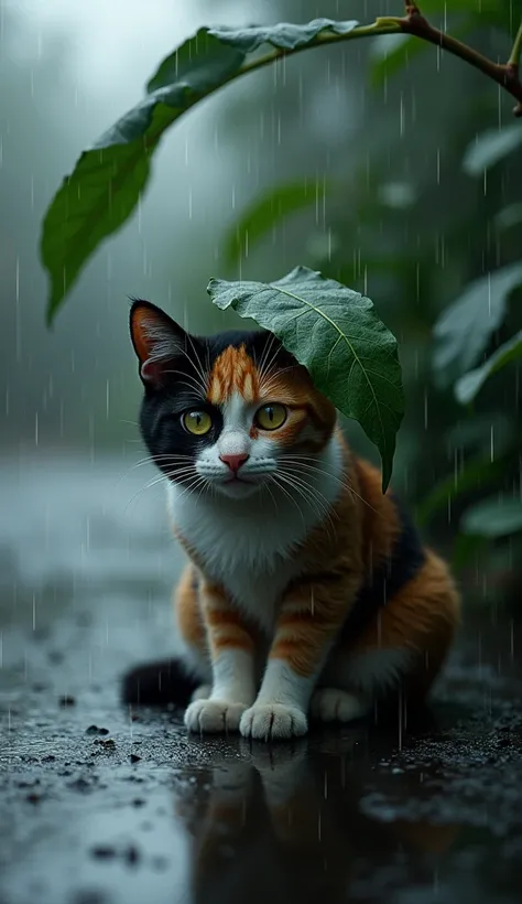 A calico cat, soaked and shivering, huddles beneath a drooping leaf as the rain pours relentlessly. Her multicolored fur, now slick and heavy, contrasts with the dark, glistening pavement. Her wide, soulful eyes are filled with a mix of fear and resilience...