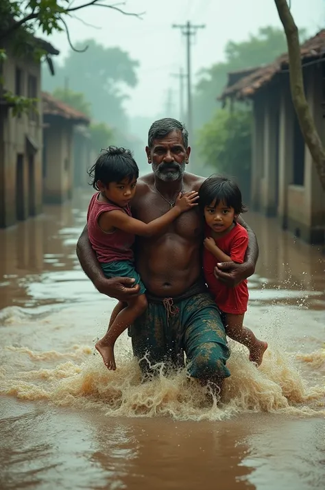 Some pictures of a father trying to save his two children from flood water in Noakhali