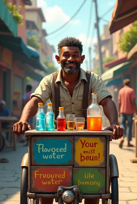 Dark-skinned man with tricycle selling fresh flavored water