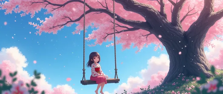 "Create a beautiful anime-style image of a young girl sitting on a swing under a cherry blossom tree, with snowflakes gently falling around. The scene should be in a Japanese aesthetic, showcasing delicate and vibrant colors, with the cherry blossoms in fu...