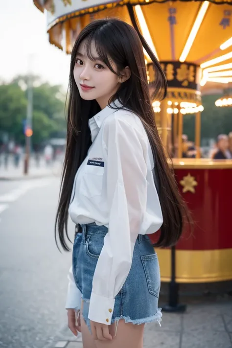 The background is an amusement park,
No. 18, 1 girl, Beautiful korean girl,
wearing white collared Long-term sleeve shirts,shorts, Smile,ride carousel, alone, {美麗Meticulous眼睛}, black eyes, Calm expression, Exquisite facial features, ((Model pose)), Glamor ...