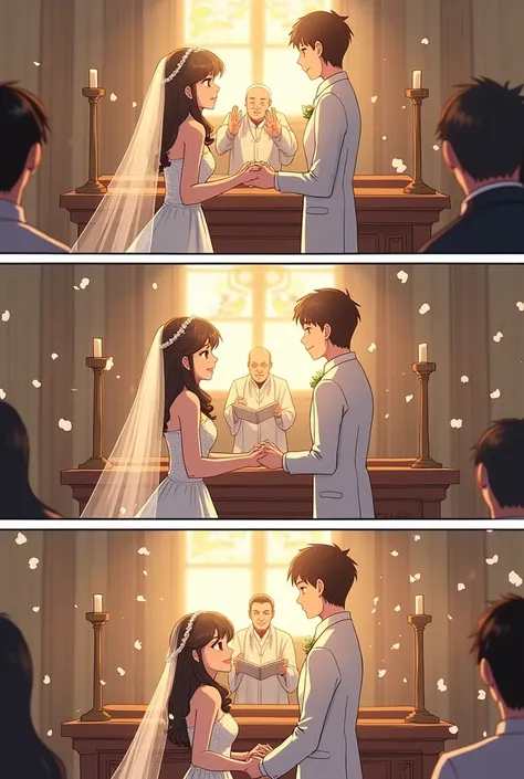 make a comic strip using these instructions (anime manga style)

Panel 1:
 * Scene: A grand, ornate church interior. The bride and groom kneel at the altar, hands clasped. A stained glass window depicts a dove.
 * Caption: "In the presence of God and these...