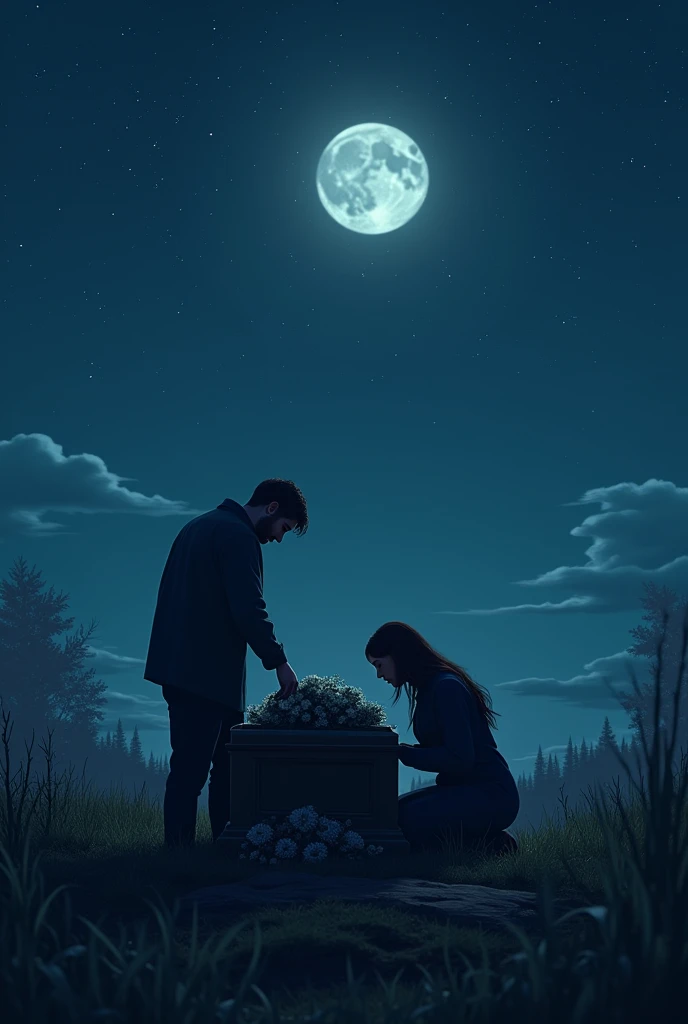 Man selpIng his girlfriend coffin under the moon and stars 
