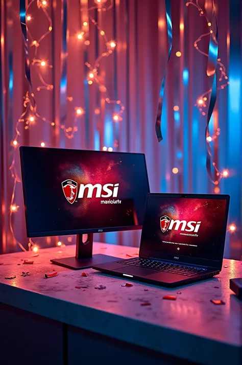 Create an anniversary birthday card for brand MSI including msi brand monitor and laptop