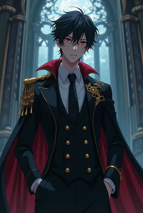 A anime guy, black hair,tall,around 25--30 years, and dresses on a magician suit