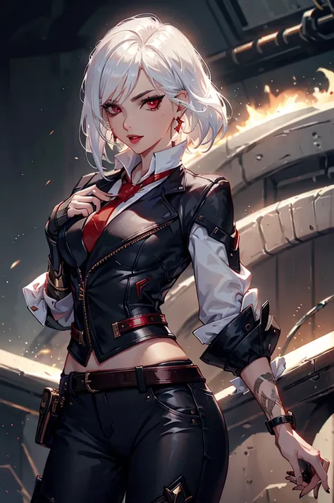 (masterpiece, best quality:1.2), expressive eyes, perfect face, highres, 1girl, solo, AsheOver, mole, earrings, red eyes, white hair,  medium hair, jewelry, makeup, lipstick, necktie, red necktie, thigh strap, black gloves, belt, stud earrings, red lips, s...