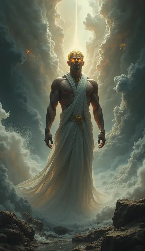 Show Atum amidst the primordial chaos in Egyptian mythology, highlighting the contrast between his divine presence and the chaotic environment. Atum is depicted as a solitary figure, his body strong and muscular, with the chaos swirling around him. He wear...