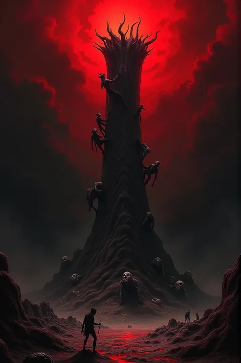 A land with total darkness and a red sky, flesh pillar in the middle, deformed people climbing the pillar, skulls