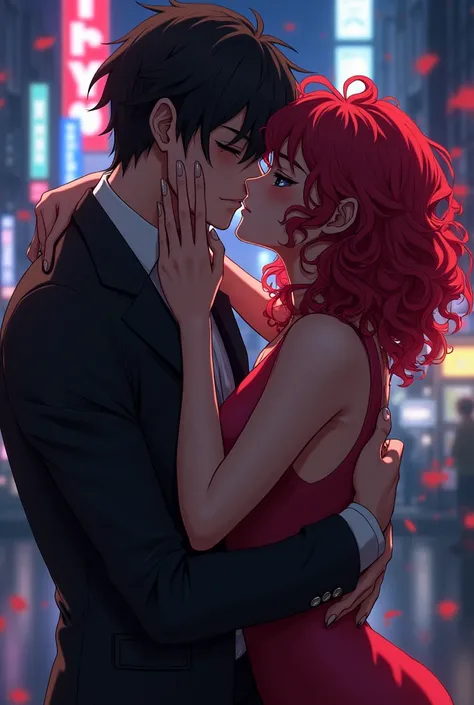  Tokyo Revengers along with a brunette woman with red curly hair kissing the same.