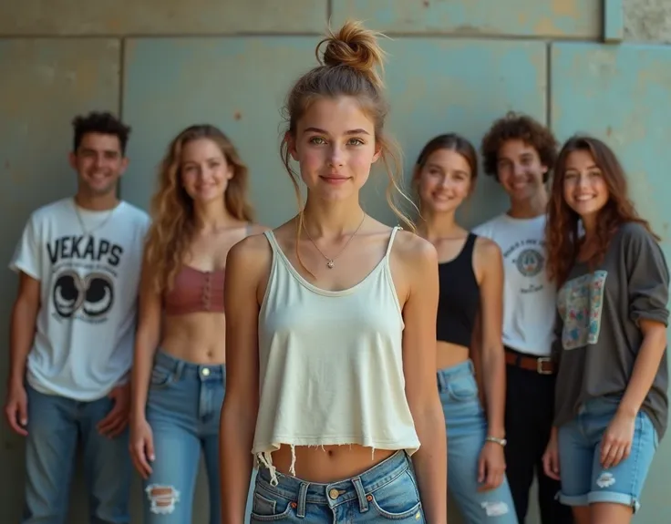 Photo of a teenage girl in skater fashion and her male and female friends. Everyone is wearing a tank top