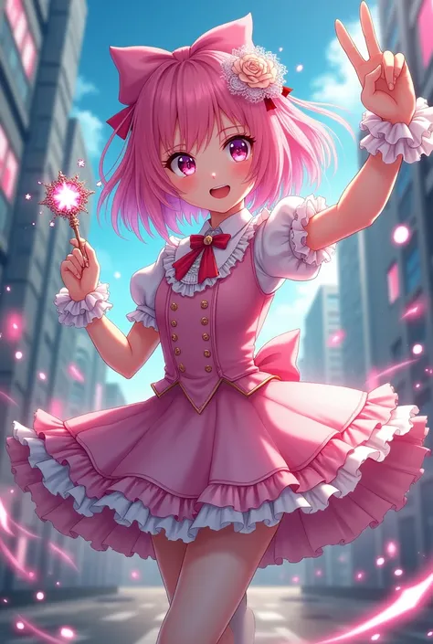 Girls Anime Style，穿着洛丽塔风格衣服的Magical girl正在战斗，Urban battles，Pink Hair，Magical girl，Holding a cute magic wand，日本Magical girl