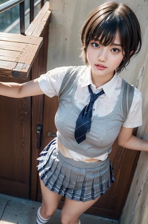 Very realistic、high quality、A very beautiful and stylish gravure model、Silver Mesh Hair、Wavy Hair、Short Hair、Pixie Cut、Schoolgirl uniform、Pleated skirt、socks、A large amount of thick semen is splashed on her face、Being forced to lift her skirt and show her ...