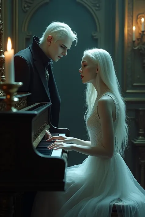 Vampire teaching albino teenage girl to play piano